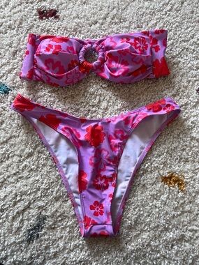 SHEIN Pink & Red Floral Ring-Front Bikini
